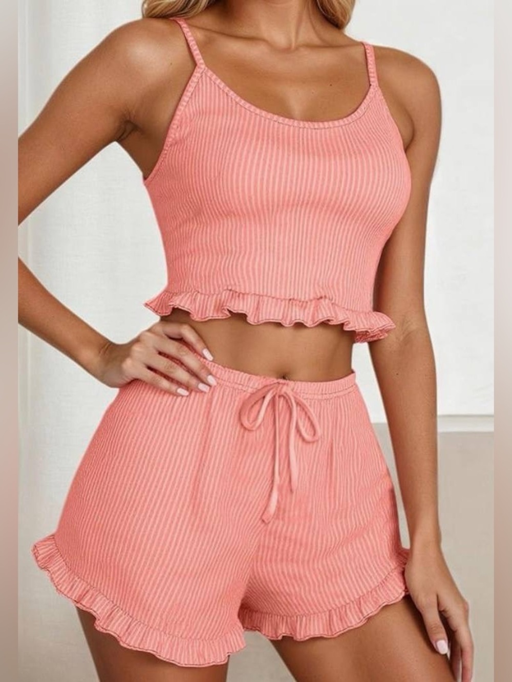 Women’s Pink Ribbed Knit 2pc Set Cami & Shorts Ruffle Trim Stretch S